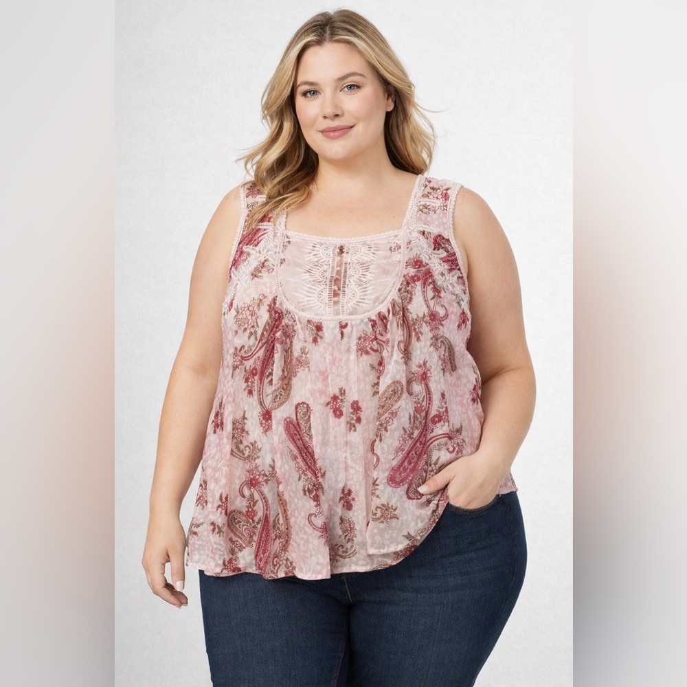 Roamans‎ Women's Sz 24W Pink Paisley Floral Sleeveless Square Neck Lace Blouse